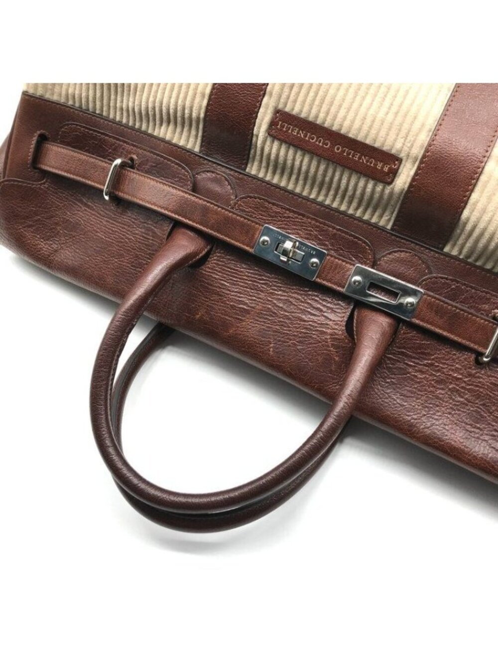 Brunello Cucinelli Weekender Country Hand Boston Leather Corduroy Travel Bag - Picture 7 of 10
